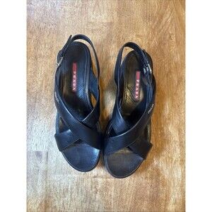 Vintage Prada Black Wedge Leather Sandals Size 37 US 6.5